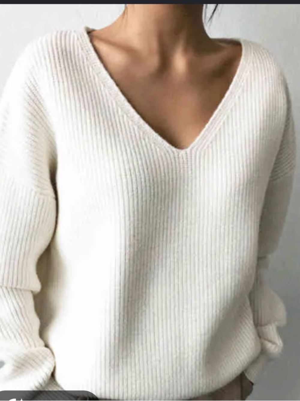 V-Neck Ribbed Knit Sweater in Cream
